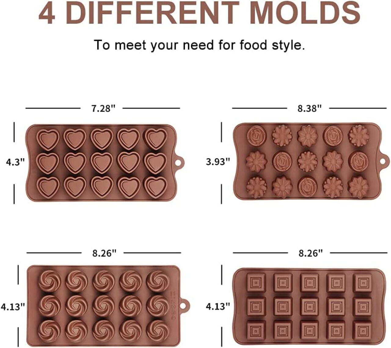 4 Packs Silicone Molds for Chocolate, Food Grade no-stick Baking, candy and butter Mold with different shape